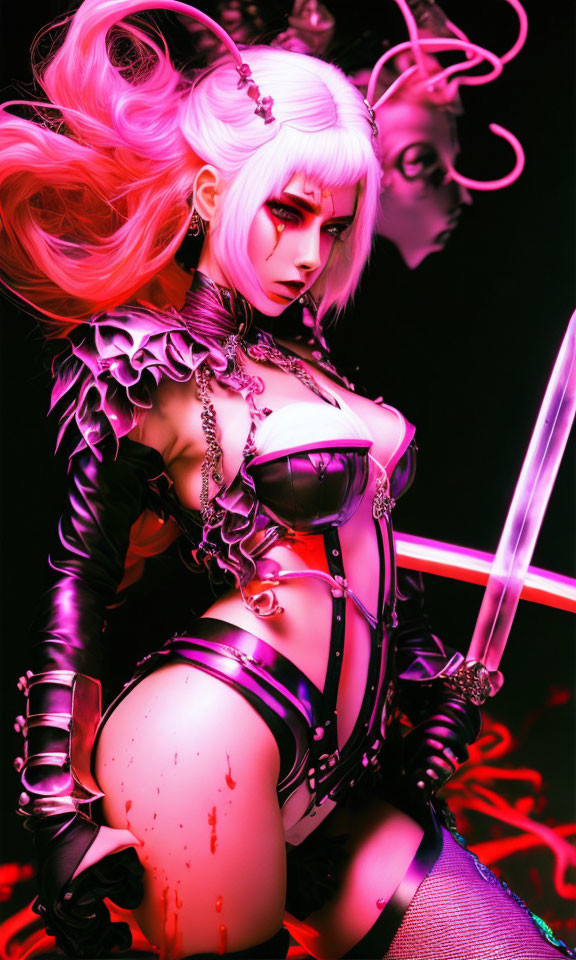 White-Haired Female Warrior with Glowing Sword in Dark Armor