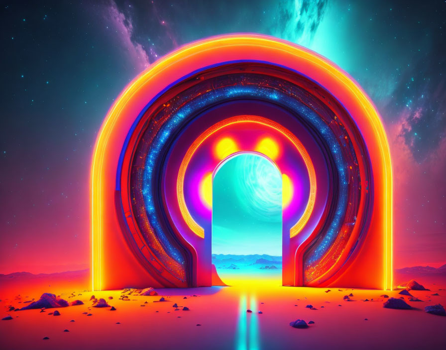 Circular neon-lit portal in desolate twilight landscape