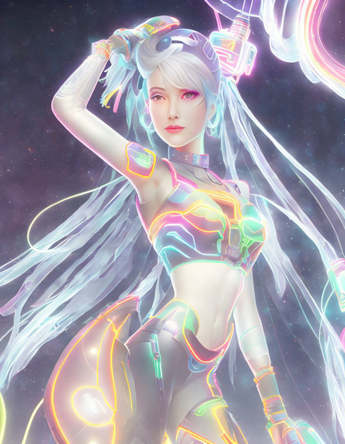 Futuristic female figure with neon cybernetic enhancements and white hair on starry background