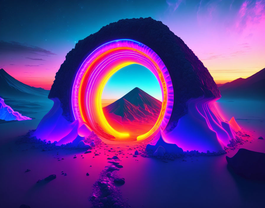 Digital Art Landscape: Neon Portal, Glowing Lava, Mountain, Starry Sky