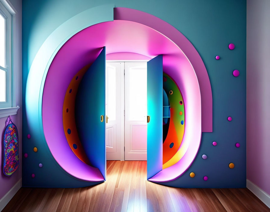 Colorful Swirl Design Room with Double White Doors and Spheres