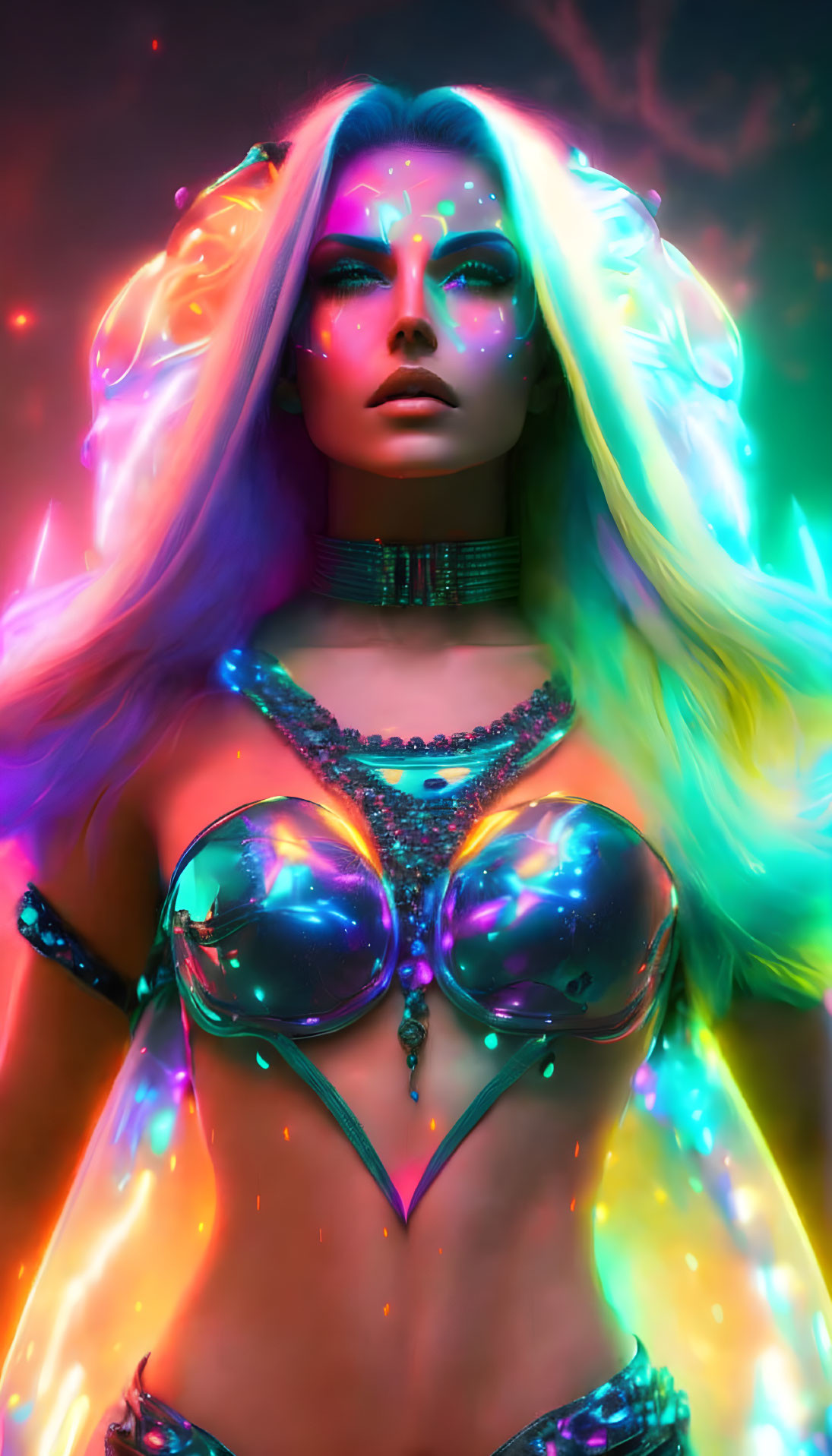 Colorful Woman with Neon Hair and Makeup Against Vibrant Backdrop