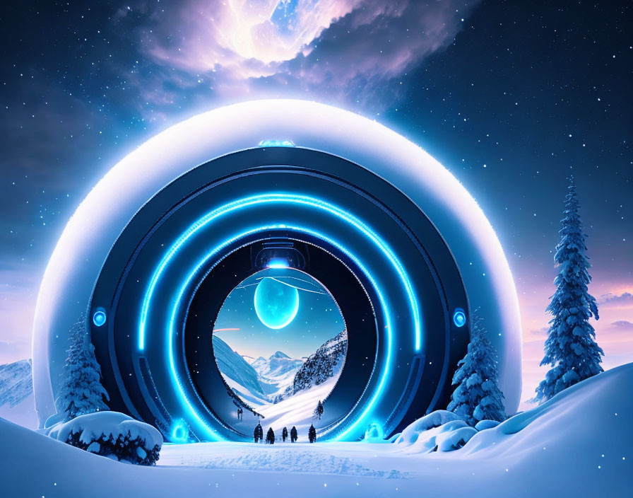 Futuristic portal with glowing blue lights in snowy twilight landscape