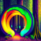 Colorful Light Portal in Mystical Forest with Green Trees