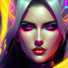 Digital Artwork: Woman with Purple Eyes and Neon Accents