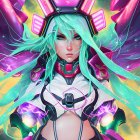 Digital Art: Female Character with Turquoise Hair and Futuristic Armor