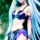 Blue-haired animated character in futuristic armor against bokeh backdrop