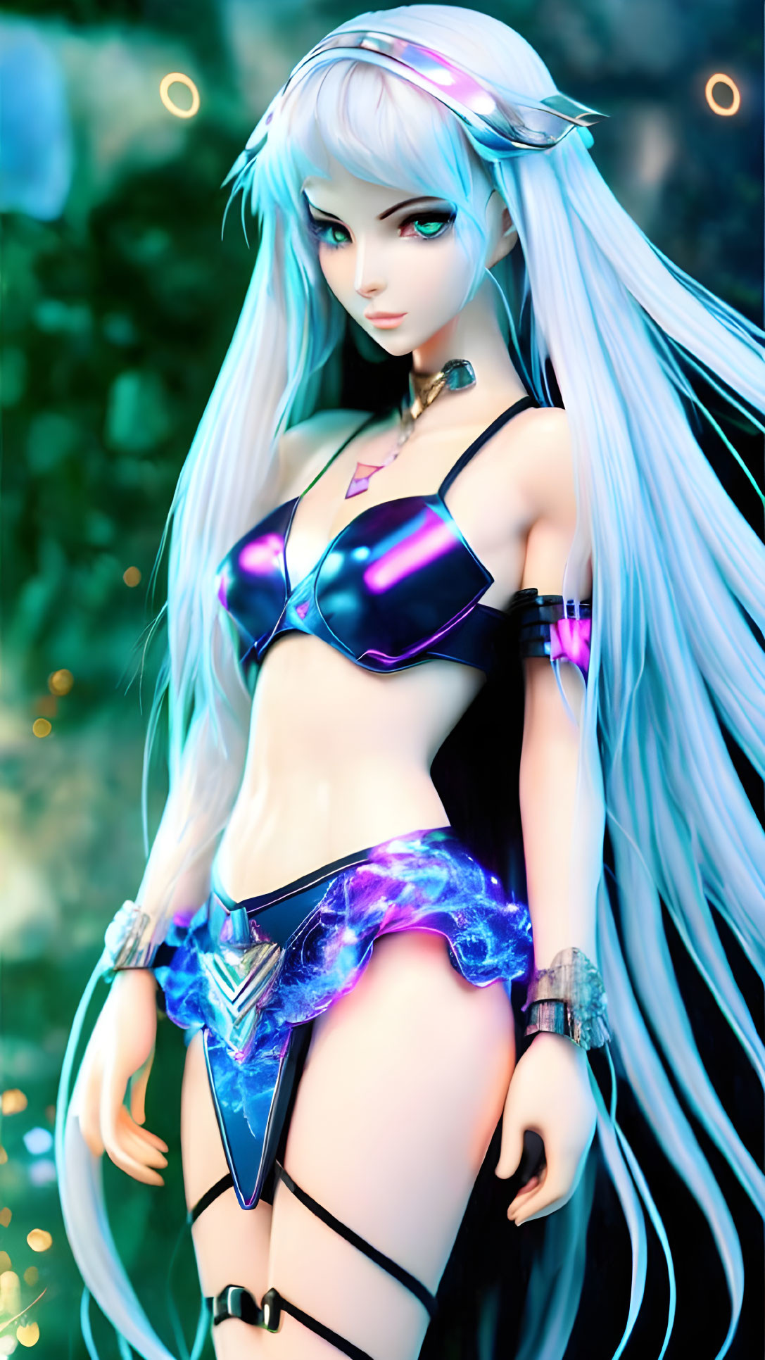 Blue-haired animated character in futuristic armor against bokeh backdrop