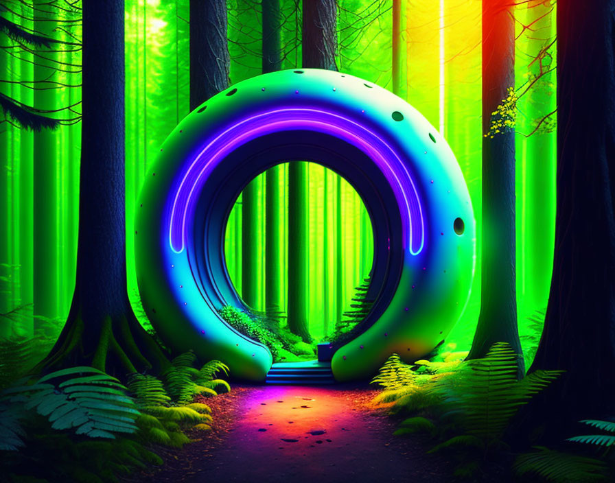 Neon-lit torus portal in lush green forest