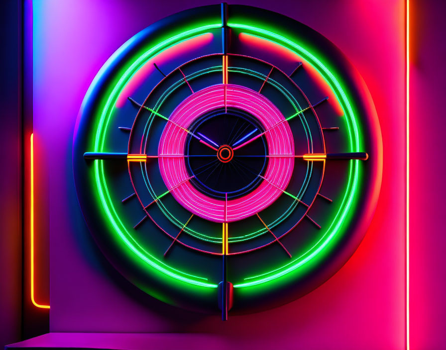 Vibrant Neon Circular Art Installation with Concentric Rings in Various Colors