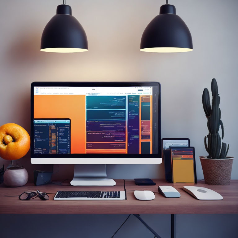 Contemporary workspace with tech gadgets, pendant lights, cactus, and orange