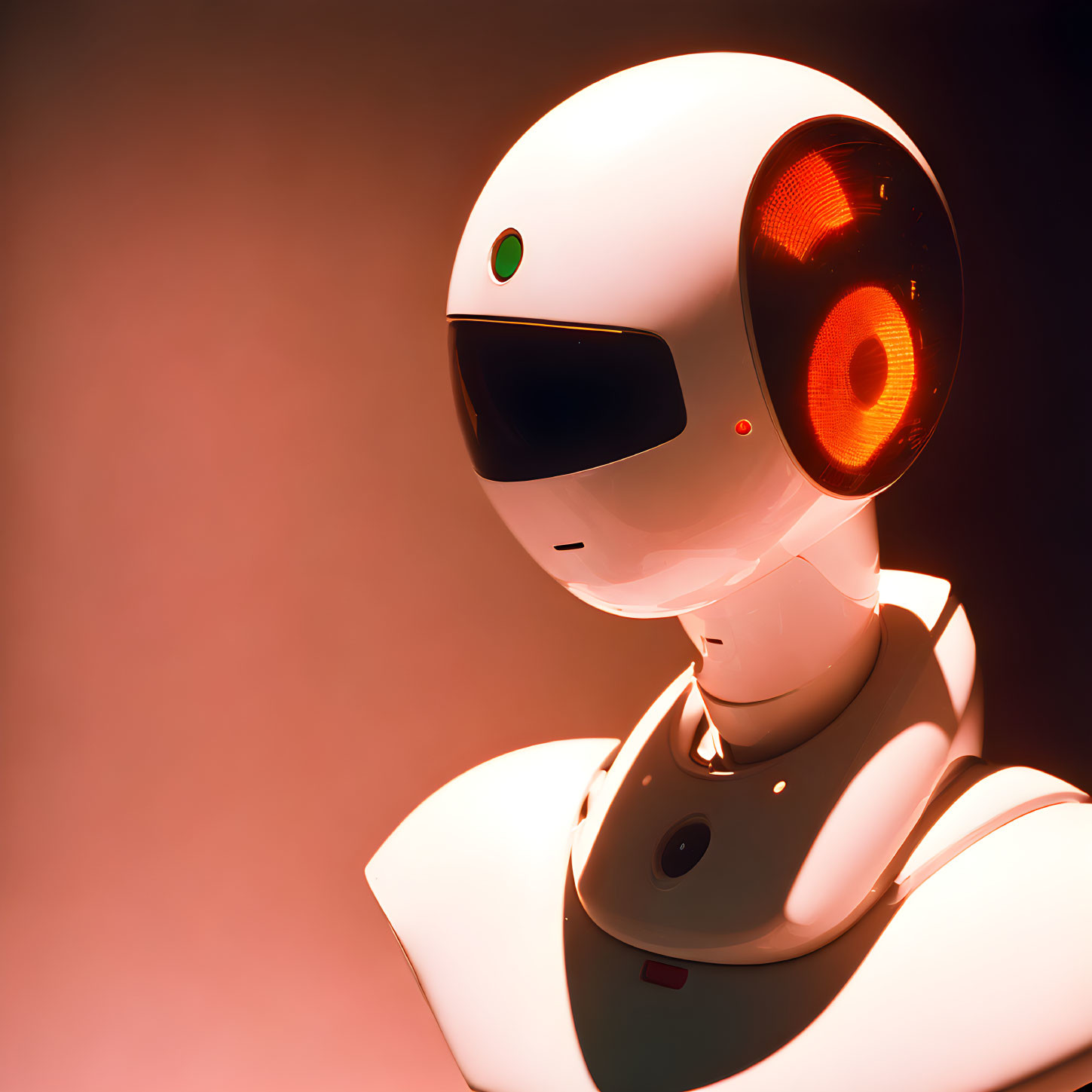 Futuristic white robot with black visor and red glowing eye on red background