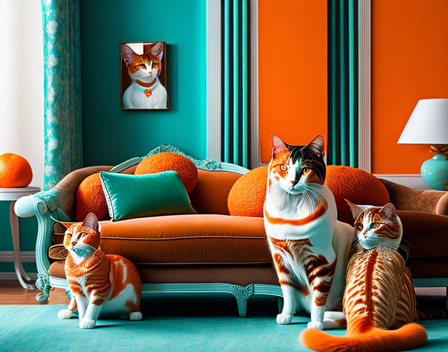 Three Orange and White Striped Cats in Orange and Teal Decor Room