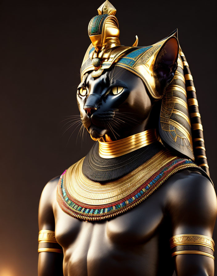 Regal anthropomorphic cat with Egyptian headdress and jewelry in realistic digital art