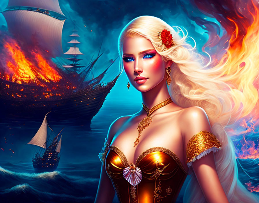 Fantasy woman with fiery hair and blue eyes in gold attire amid burning ships at sea