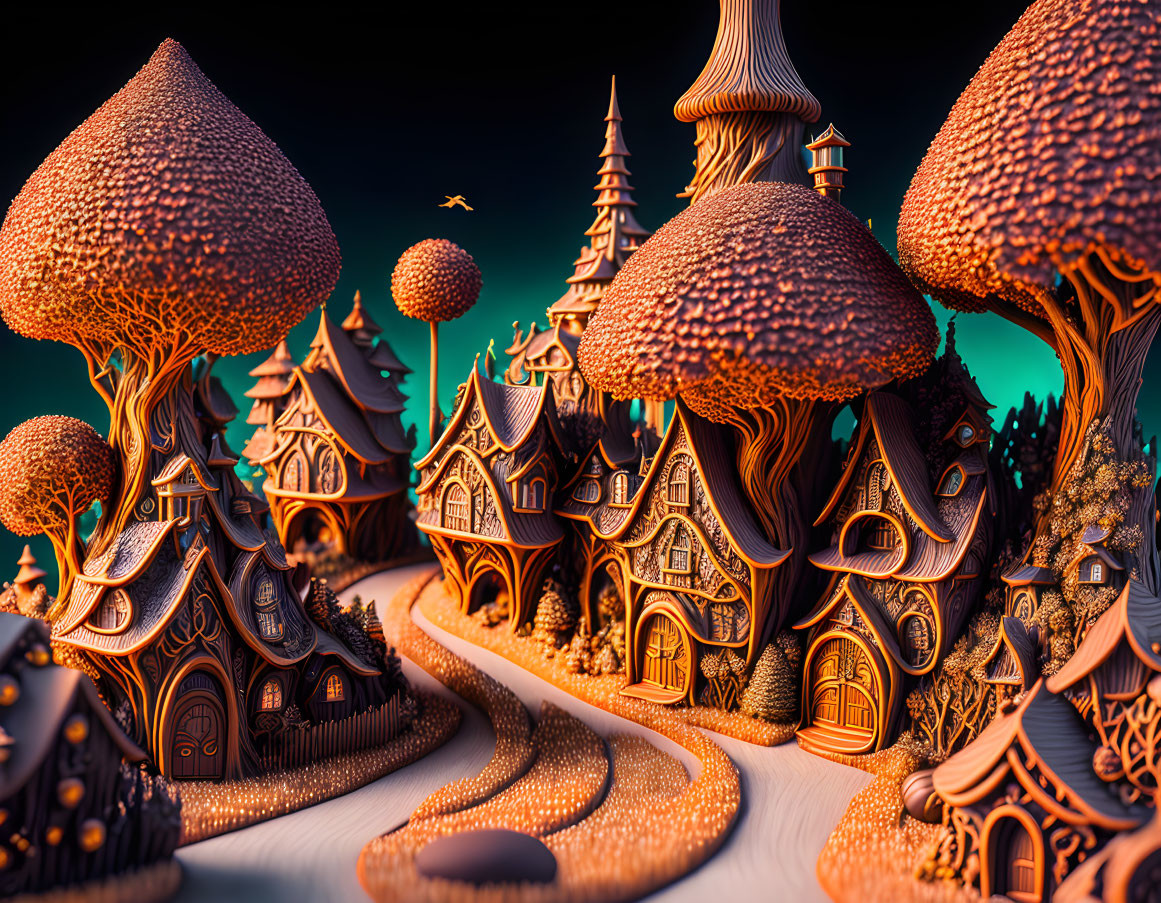 Detailed 3D fantasy mushroom village illustration