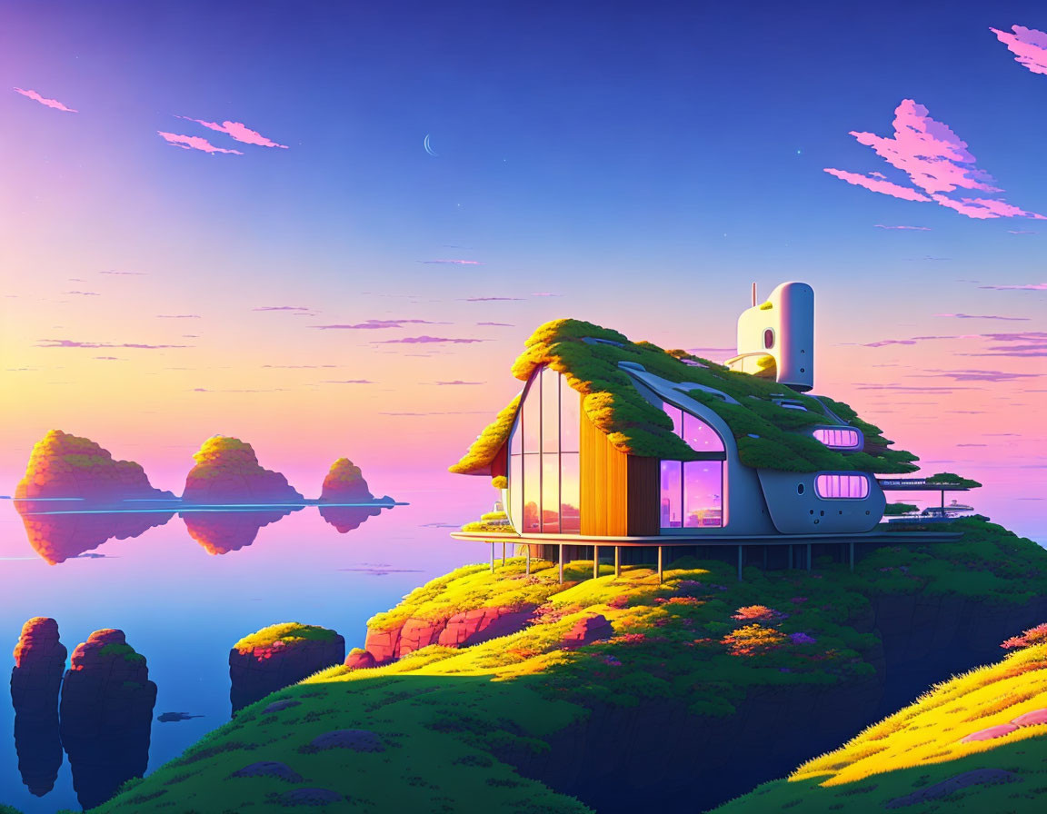 Futuristic house with green roof on cliff at sunset overlooking sea with rocky islets under purple sky