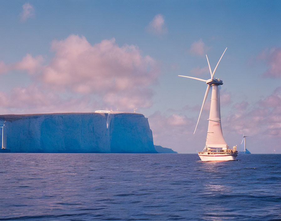 Boat near wind turbine and iceberg in pink sky