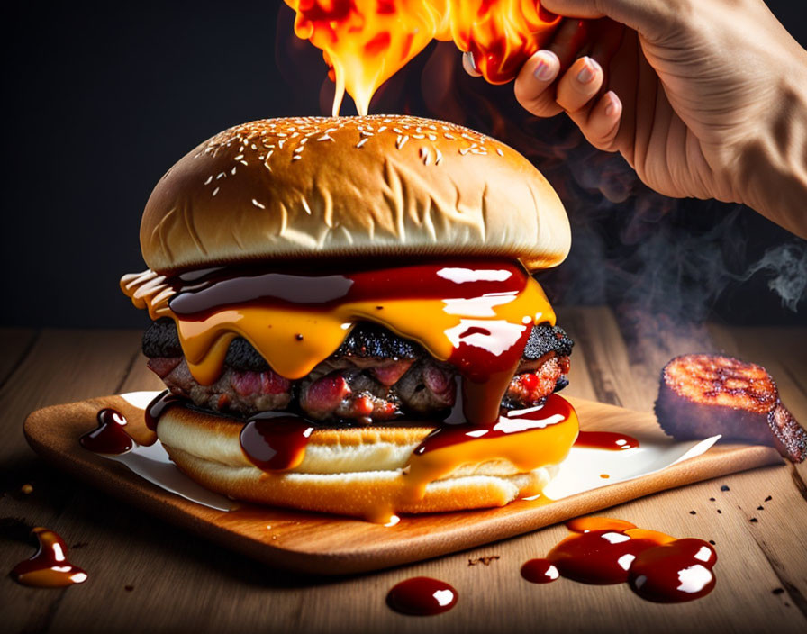 Fiery sauce poured over double cheeseburger with bacon and melted cheese on wooden platter