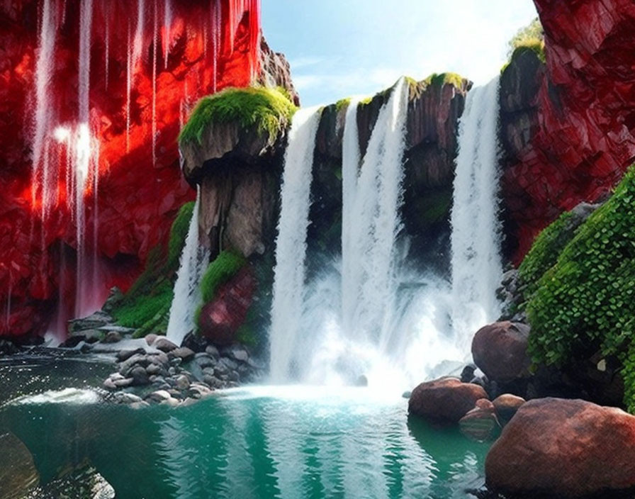 Scenic waterfall with lush greenery, red cliffs, and emerald pool