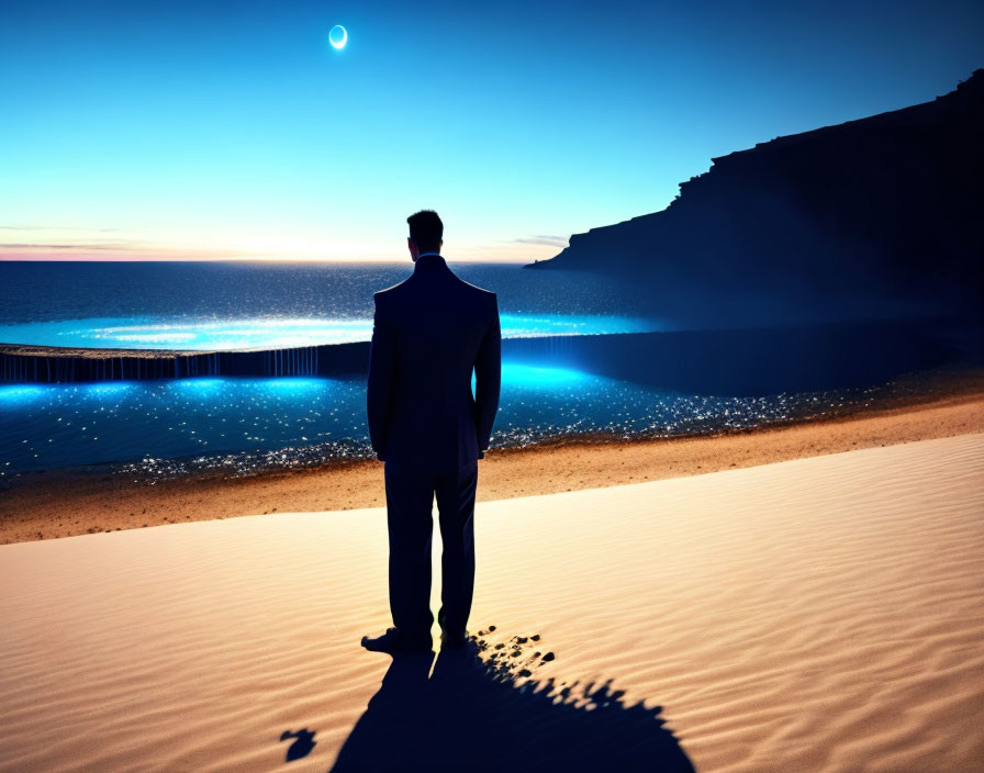 Person on Sand Dune Overlooking Bioluminescent Beach at Twilight