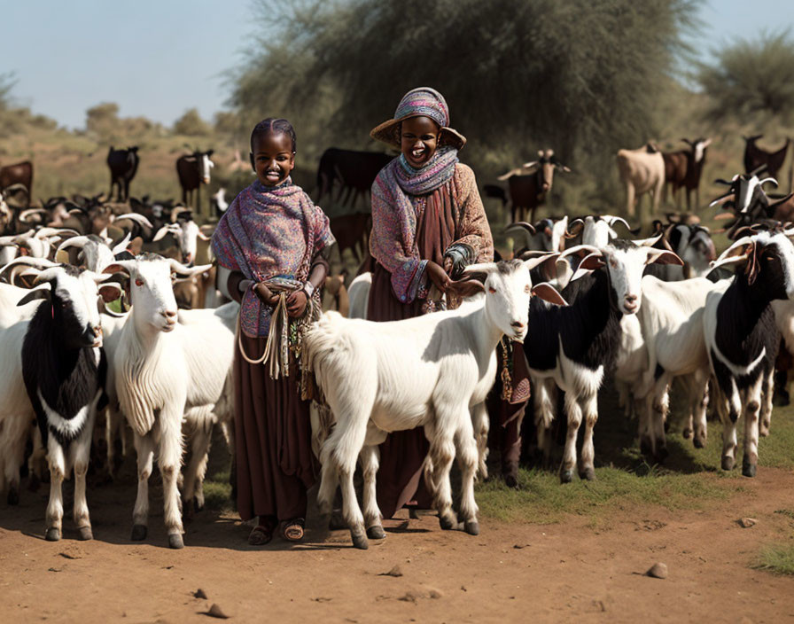 Smiling individuals with goats on dusty path