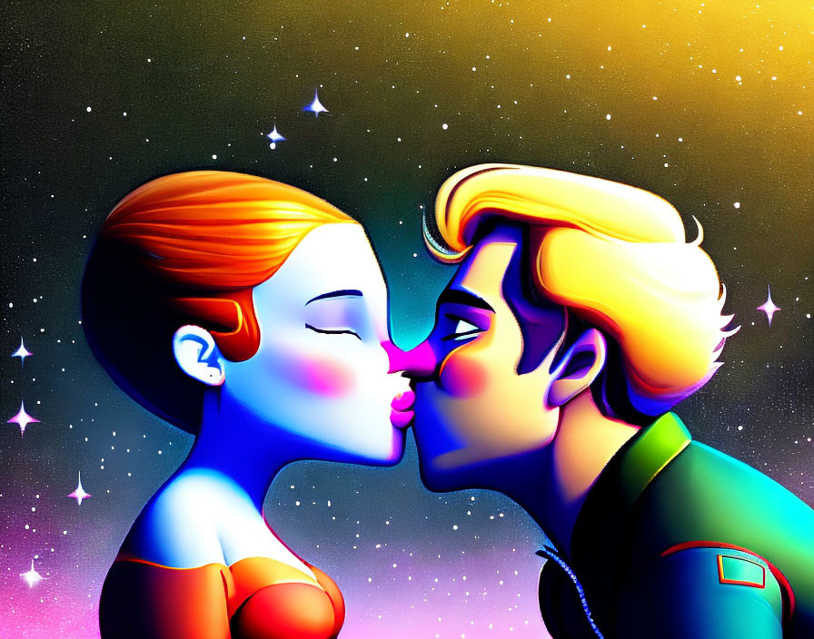 Animated characters kissing under starry night sky - one with red hair and blue dress, the other with