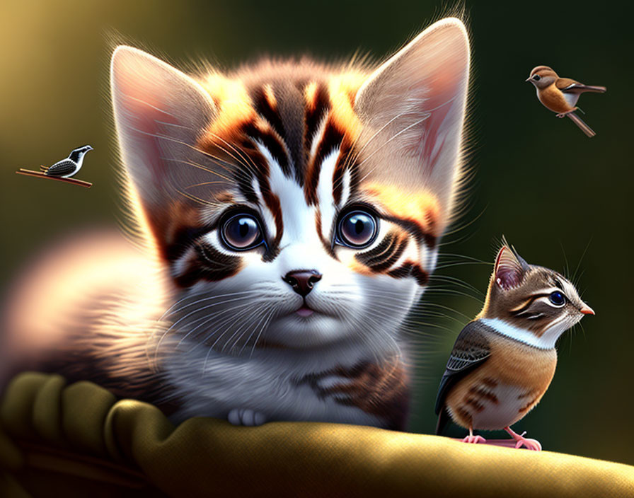 Digital artwork featuring large-eyed kitten and tiny kitten with birds in background