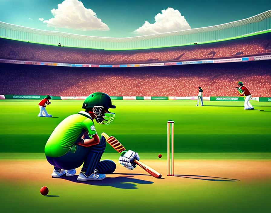 Cricket batsman in green gear plays amidst red-clad fielders in packed stadium