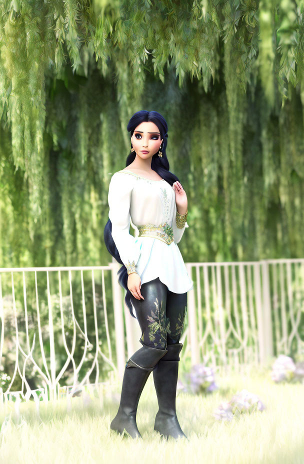 Dark-Haired Animated Character in White Blouse and Embellished Pants Stands in Green Garden