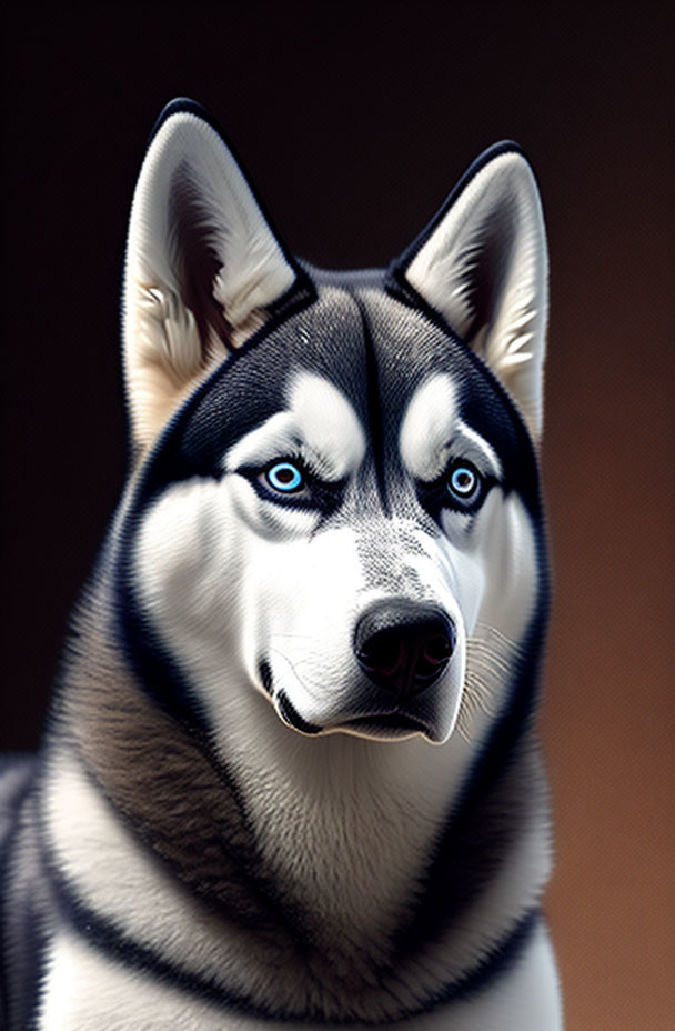 Siberian Husky with piercing blue eyes and black/white fur on dark background