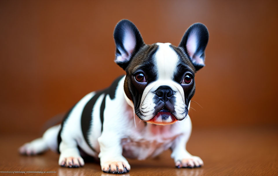 Black and white French Bulldog puppy on wooden surface gazes at camera