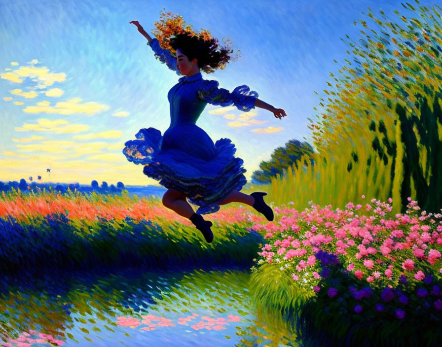 Colorful painting of woman in blue dress leaping over meadow at sunset