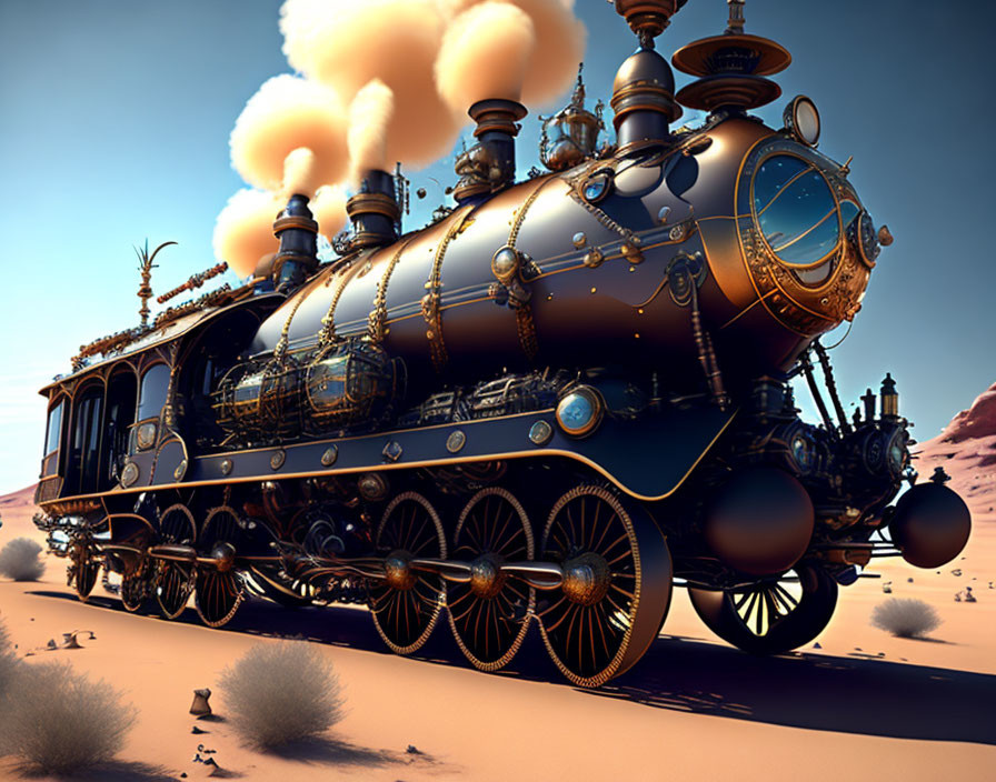 Steampunk-style locomotive with brass detailing in desert landscape