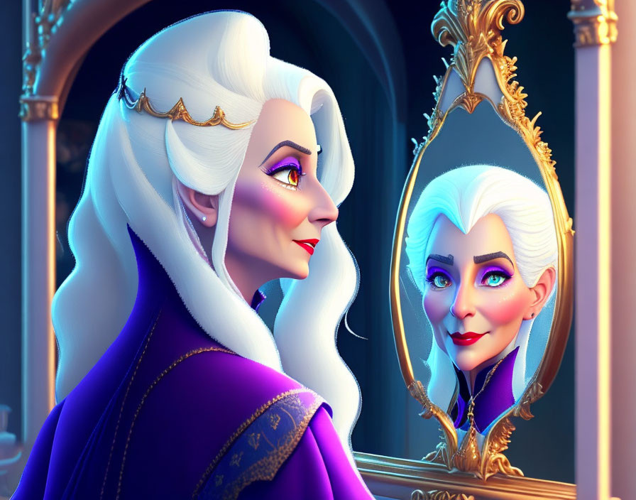 Elegant woman with white hair and violet robes admiring reflection in golden mirror