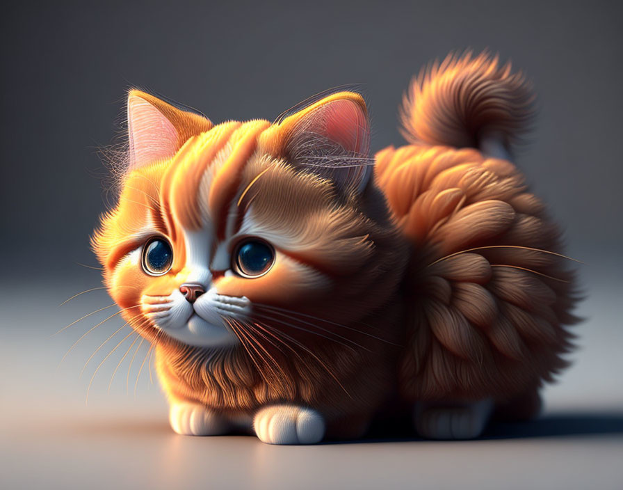 Fluffy orange tabby cat with big blue eyes and graceful pose