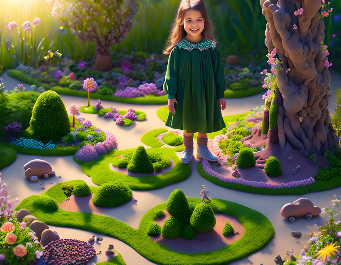 Young girl in magical garden with vibrant plants and whimsical creatures