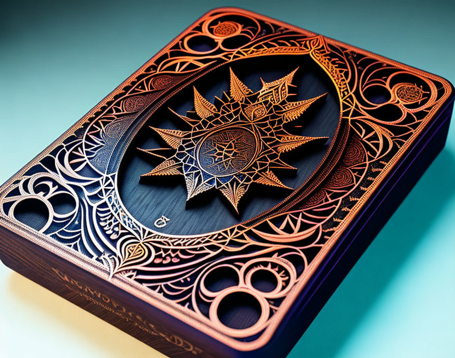 Intricate Sun Design Wooden Box on Blue-Green Gradient Background