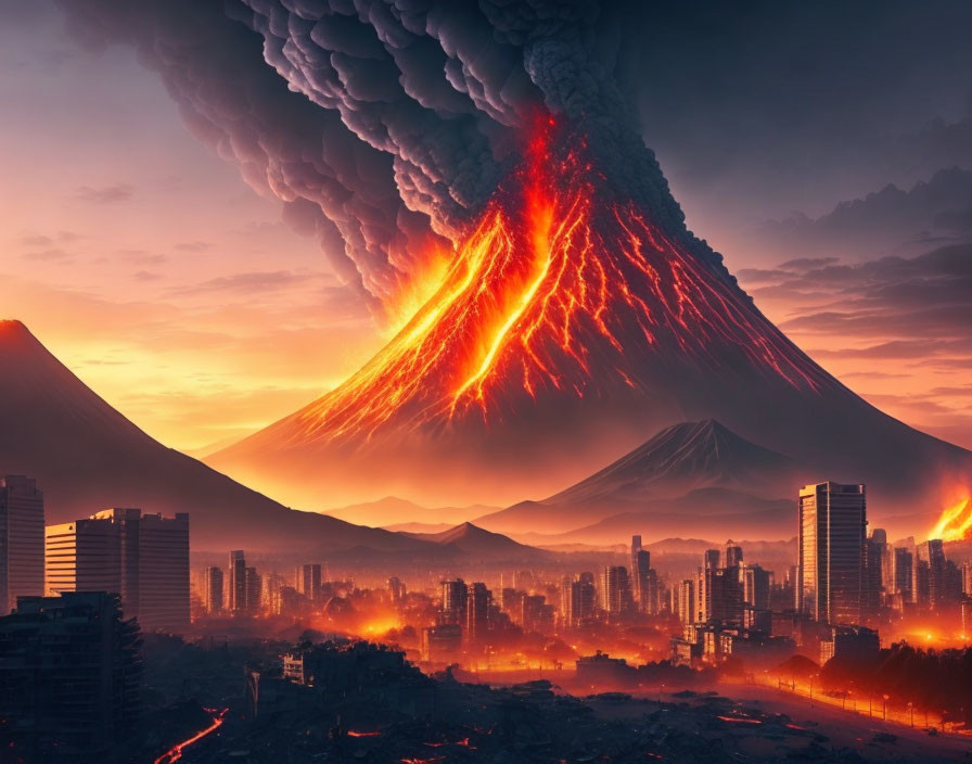 Cityscape engulfed by volcanic eruption at sunset