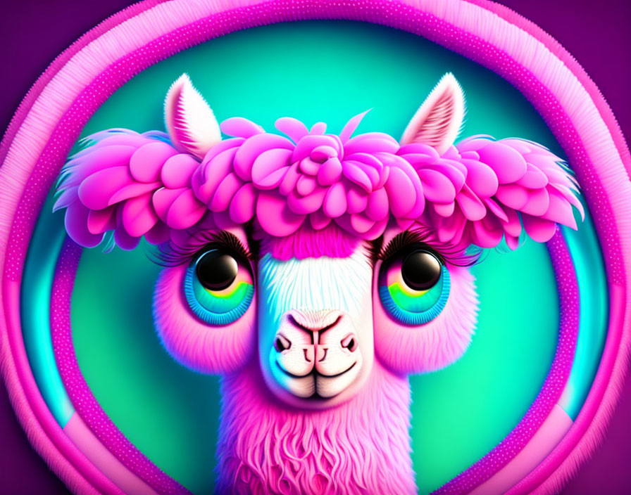 Colorful Stylized Llama Illustration with Green Eyes and Pink Fur