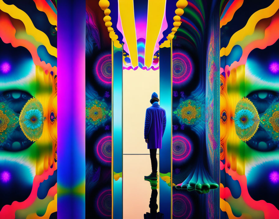 Person in coat and hat surrounded by vibrant psychedelic patterns