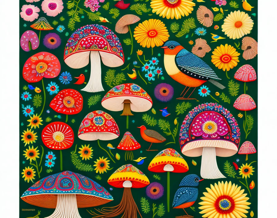 Vibrant illustration of stylized mushrooms, flowers, and birds on green background