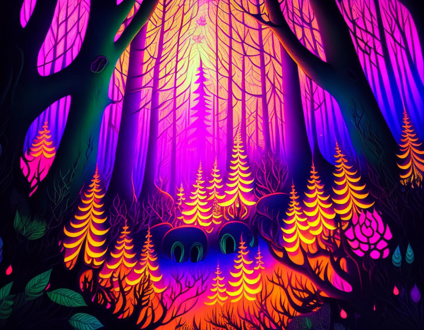 Colorful Neon Forest Illustration with Stylized Trees and Glowing Leaves