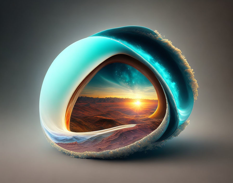 Surreal image: Wave-shaped portal with sunset over rolling hills