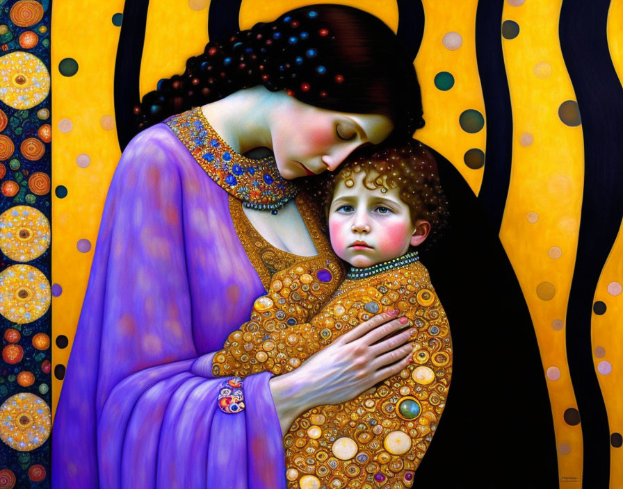 Stylized painting of woman and child in purple dress with golden patterns