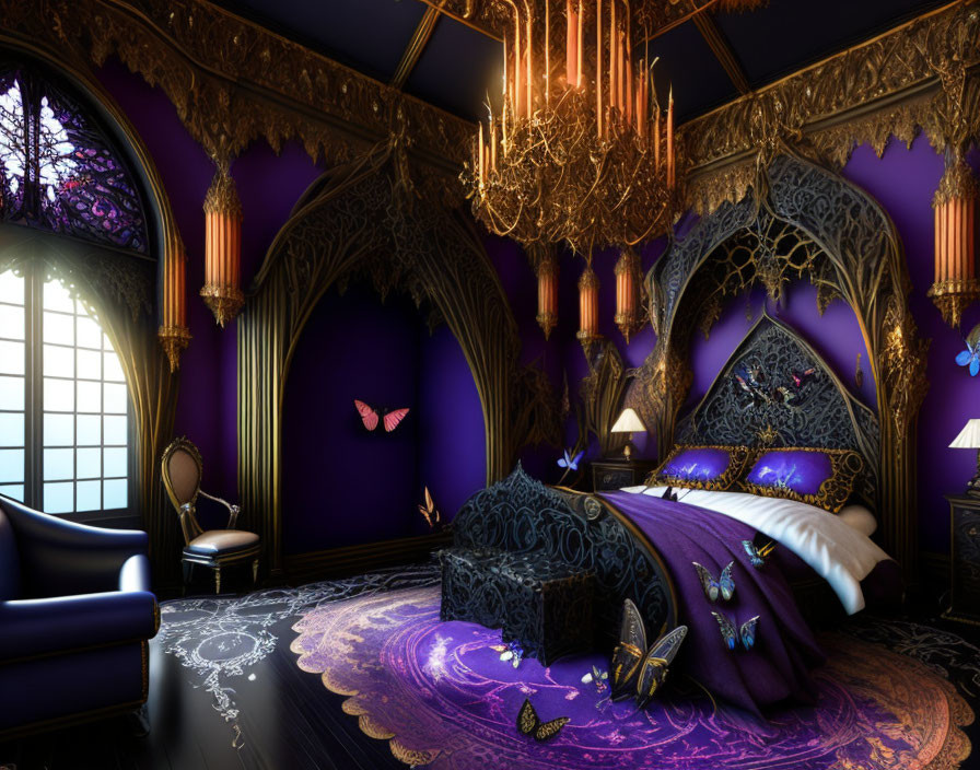 Luxurious Gothic Bedroom with Black Bed, Purple Walls, Golden Accents