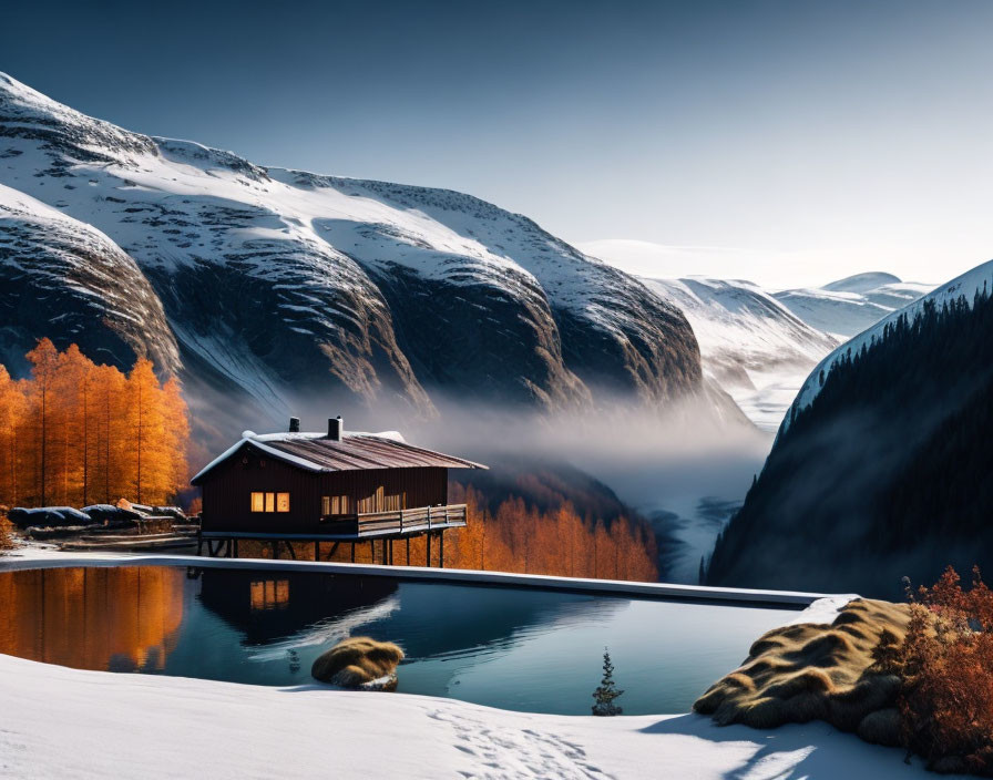 Winter landscape: cozy cabin, misty valley, snow-capped mountains, autumn trees, reflection pool