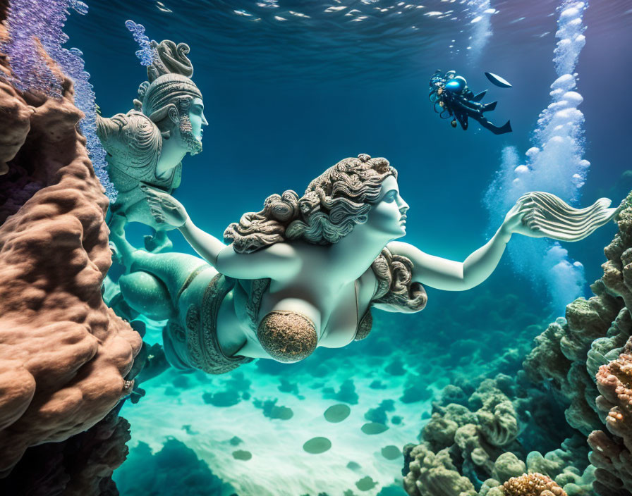 Vibrant Underwater Scene with Mythical Figure Sculptures and Coral Reefs