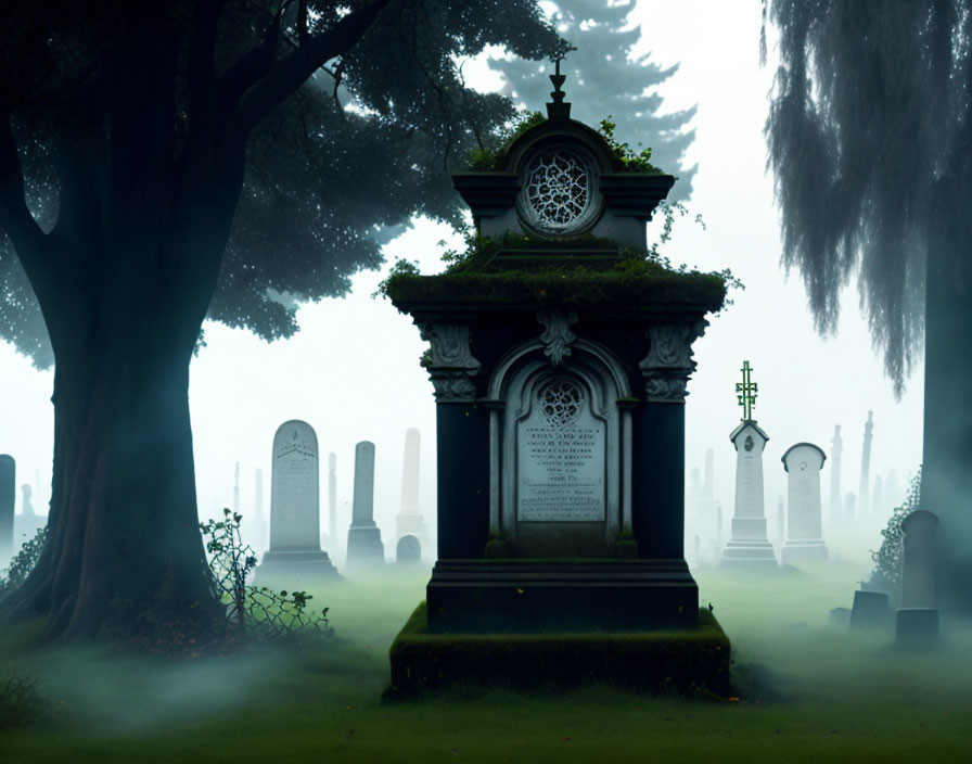 Foggy cemetery with ornate tombstone and mist-shrouded trees