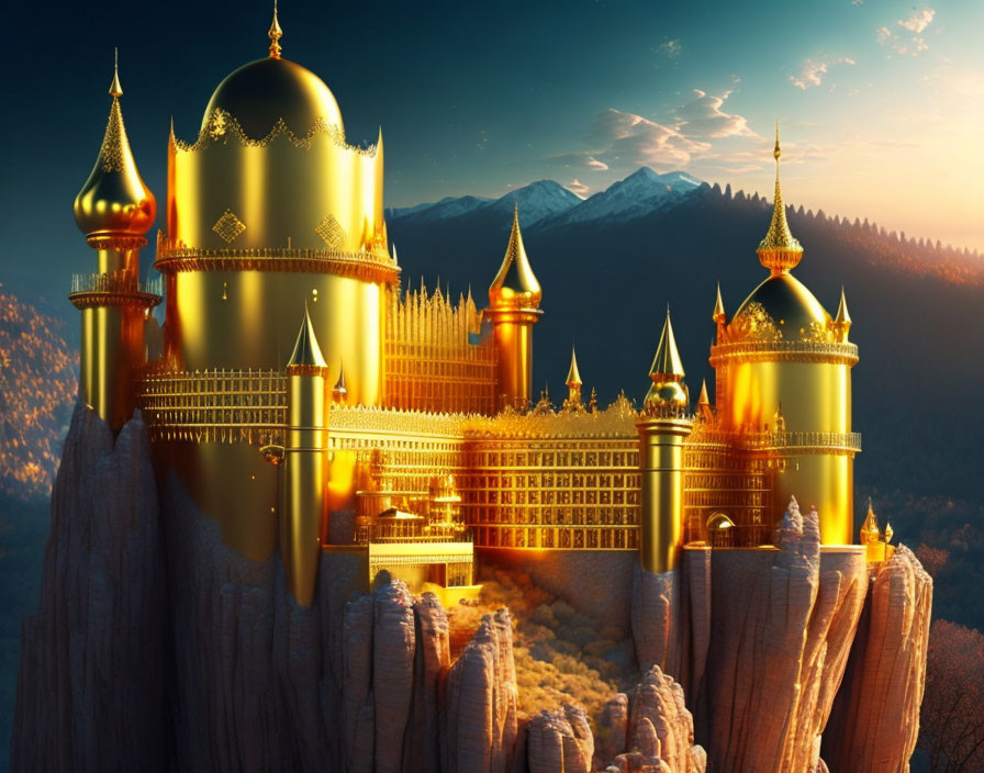 Golden palace with spires on rugged cliffs at sunset